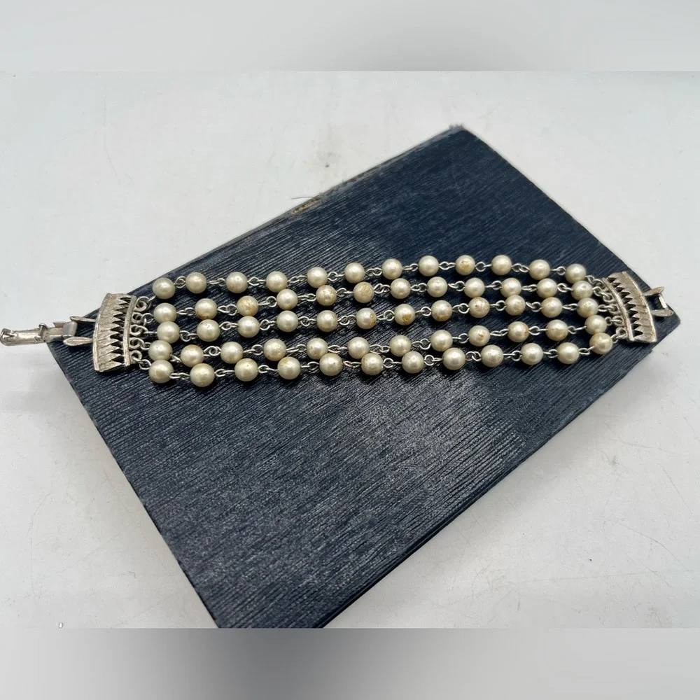 Vintage CORO multi strand silver & faux pearl bracelet 7”